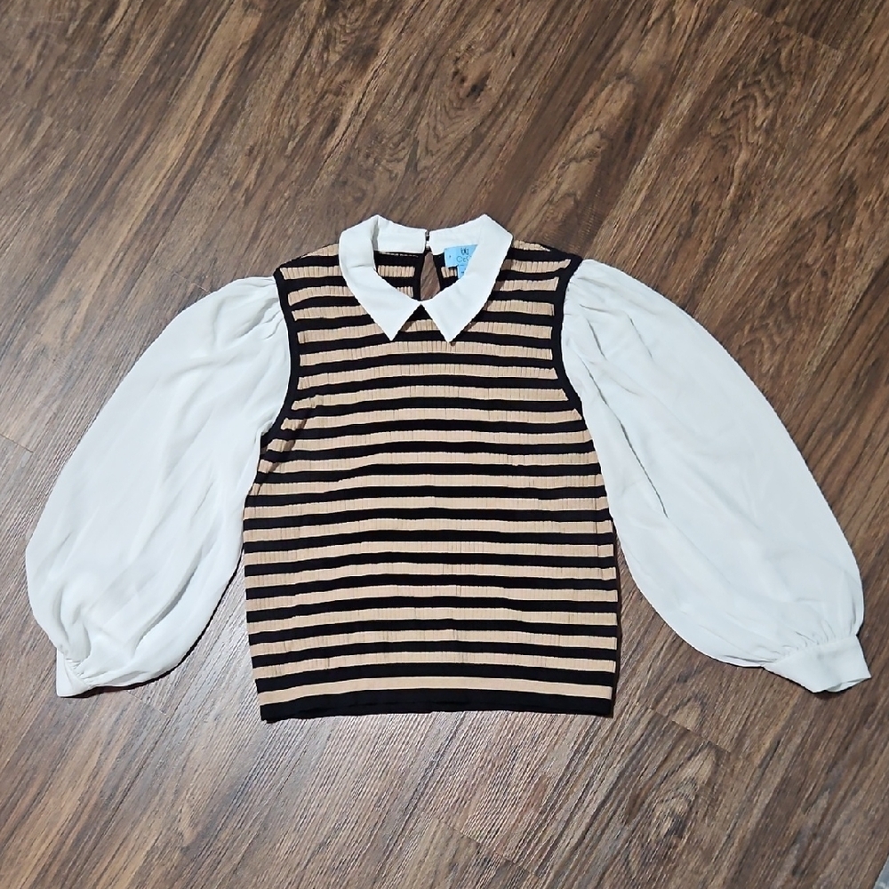 CeCe Black/Tan Striped Vest with White Puff Sleeves, Size Large